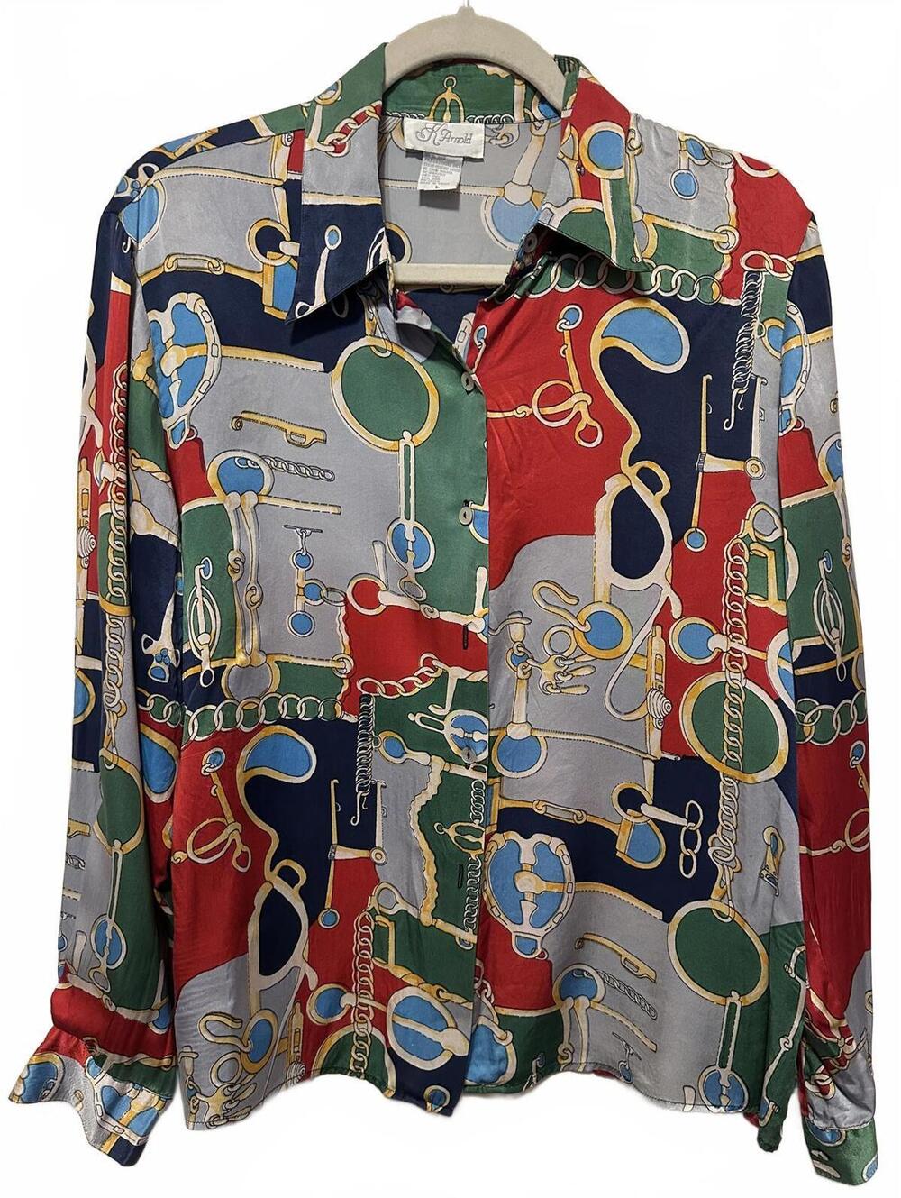 Vintage K Arnold Multi Color Silk Chain Print Long-Sleeve Blouse size L